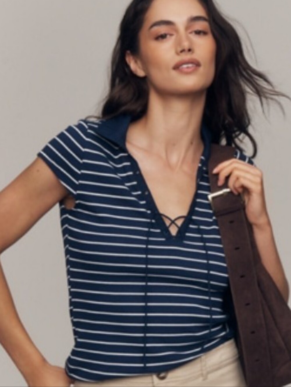 NWT Maeve Navy and White Striped Lace-Up Collar Tee